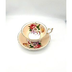 Paragon Tulip & Rose Bouquet Teacup & Saucer Double Warrant Peach Background